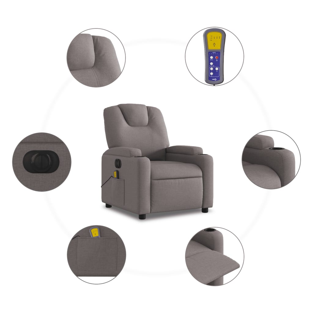 vidaXL Sillón reclinable de masaje eléctrico tela gris taupe