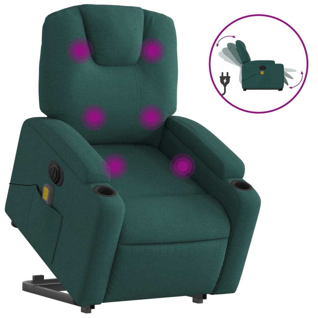 vidaXL Sillón masaje eléctrico reclinable elevable tela verde oscuro