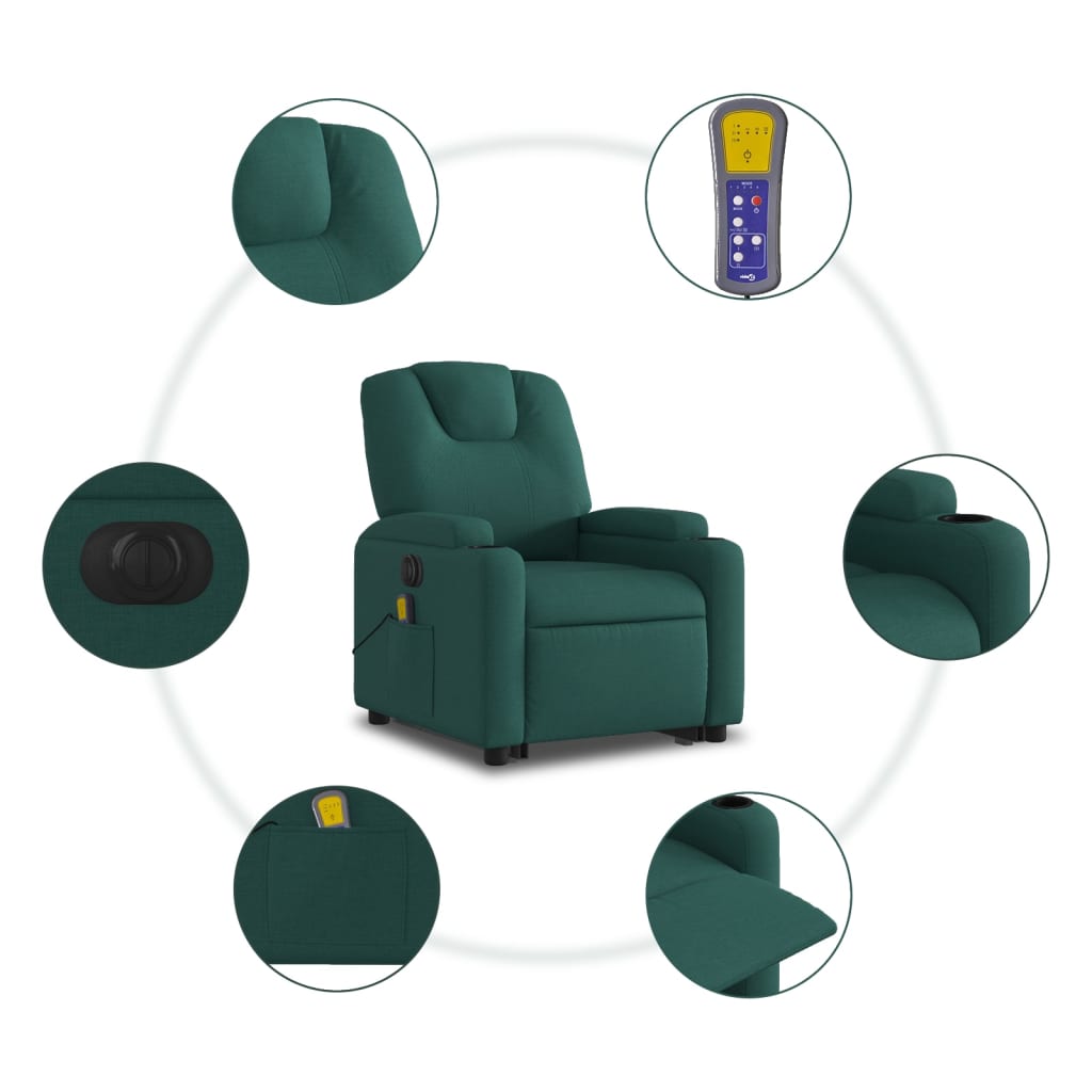 vidaXL Sillón masaje eléctrico reclinable elevable tela verde oscuro