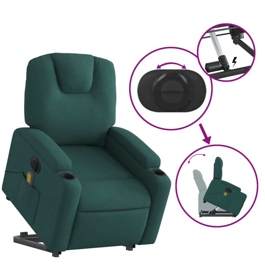 vidaXL Sillón masaje eléctrico reclinable elevable tela verde oscuro