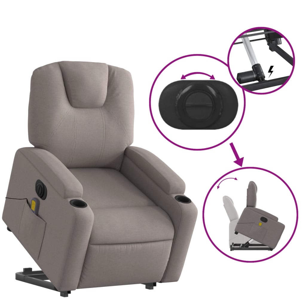 vidaXL Sillón de masaje eléctrico reclinable elevable tela taupé