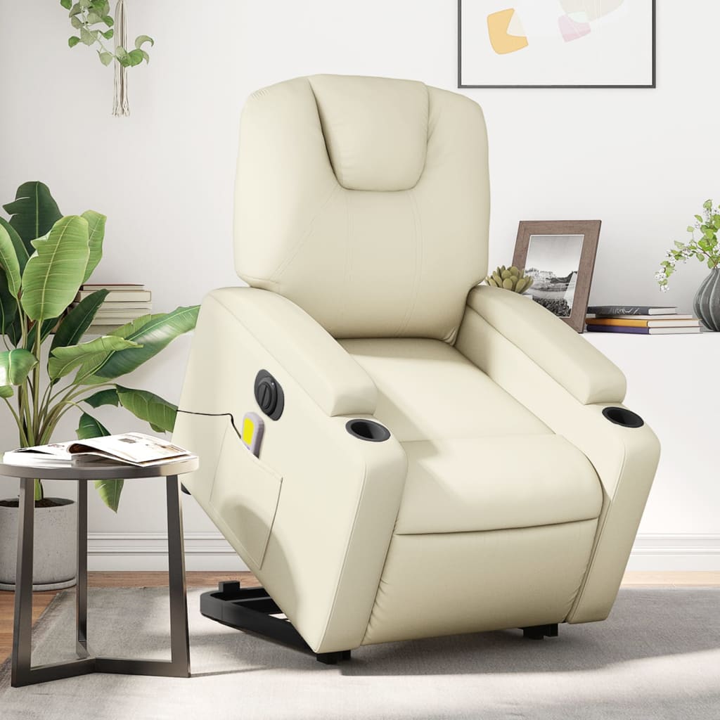 vidaXL Sillón de masaje elevable eléctrico cuero sintético crema