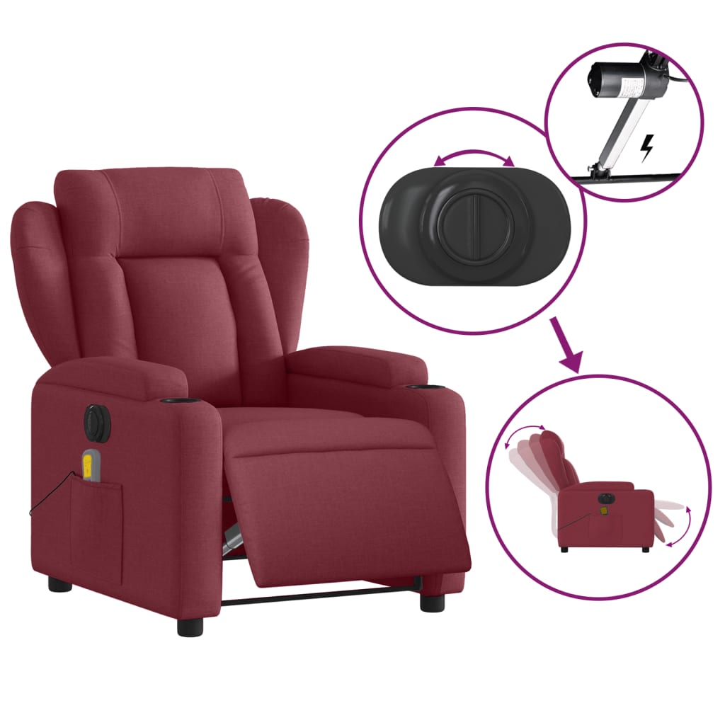 vidaXL Sillón de masaje reclinable eléctrico tela rojo tinto