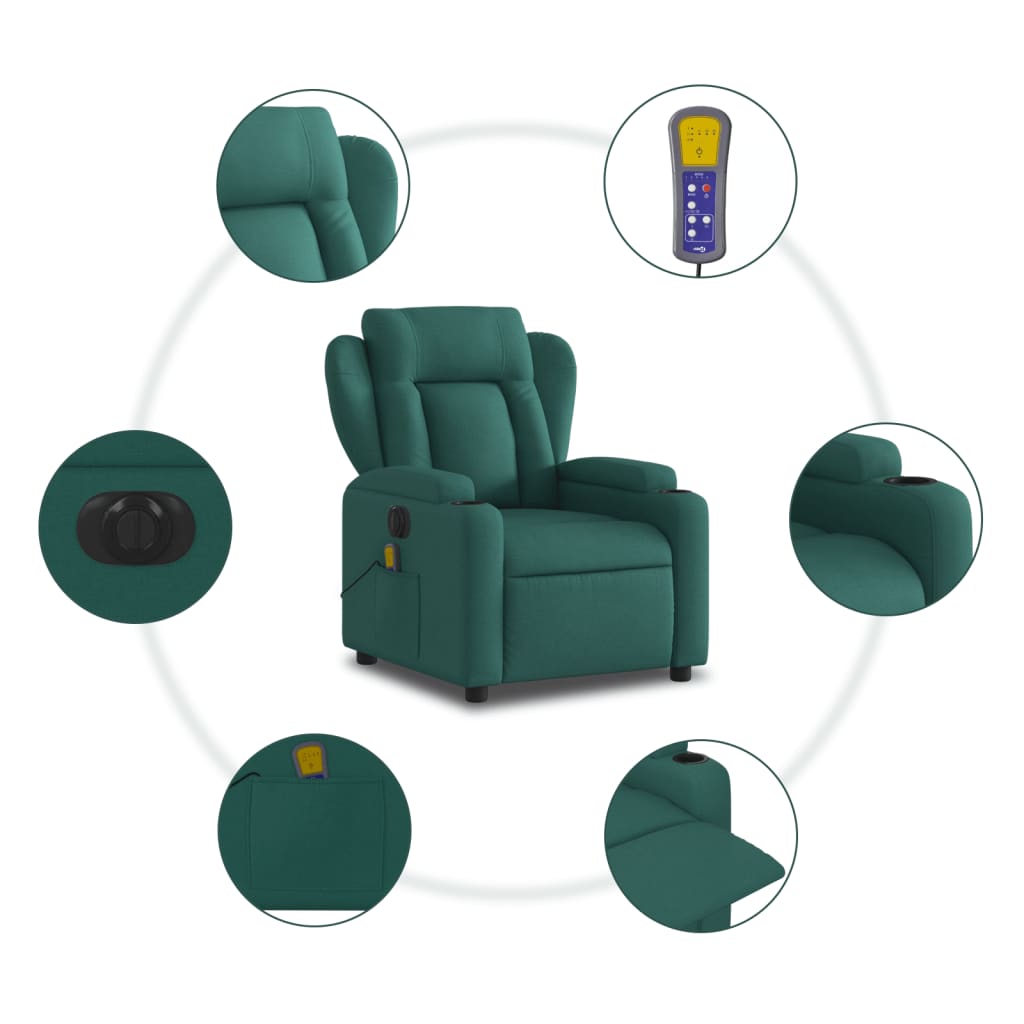 vidaXL Sillón reclinable de masaje eléctrico tela verde oscuro