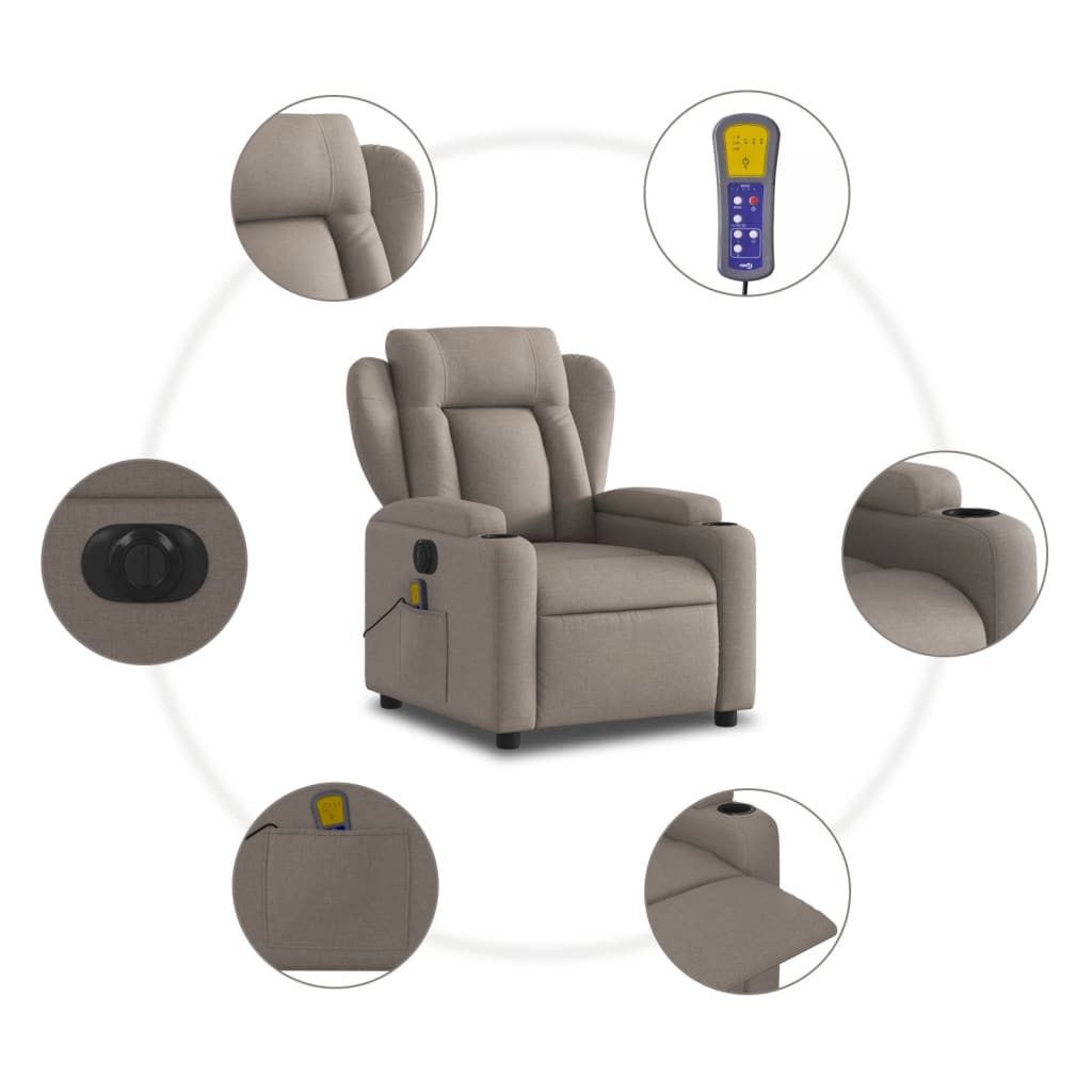 vidaXL Sillón reclinable de masaje eléctrico tela gris taupe