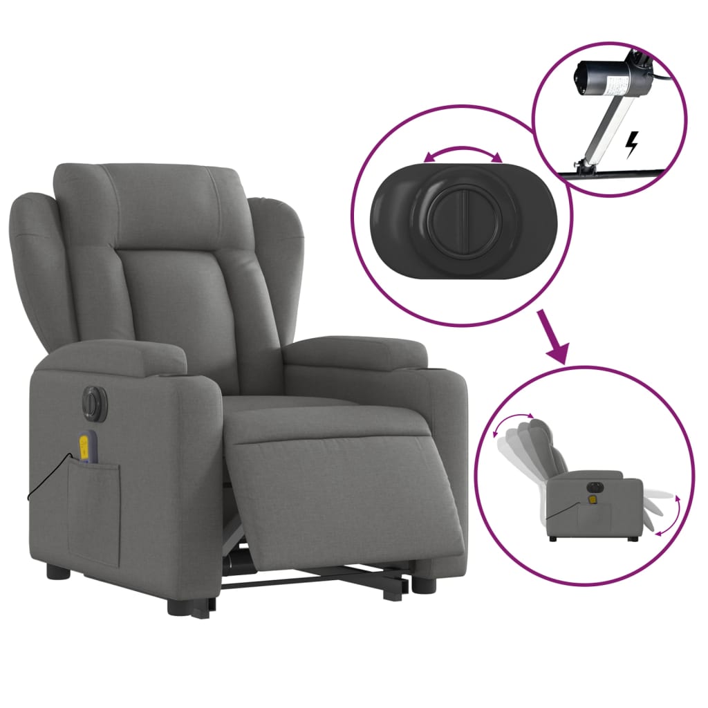 vidaXL Sillón de masaje eléctrico reclinable elevable tela gris oscuro