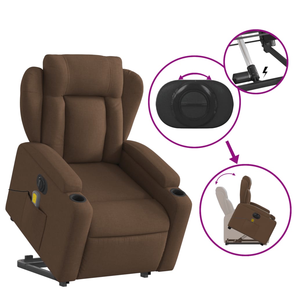 vidaXL Sillón de masaje eléctrico reclinable elevable tela marrón