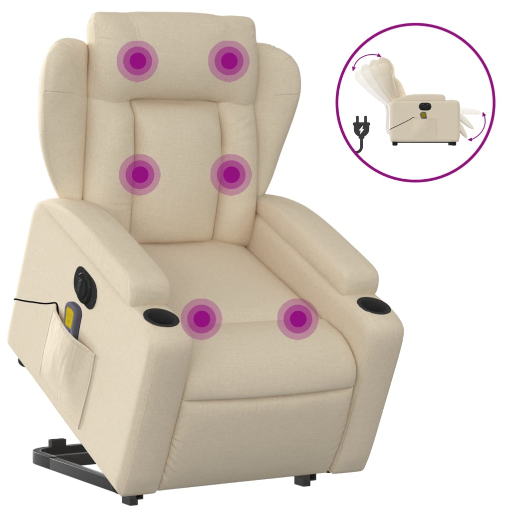 vidaXL Sillón de masaje eléctrico reclinable elevable tela crema