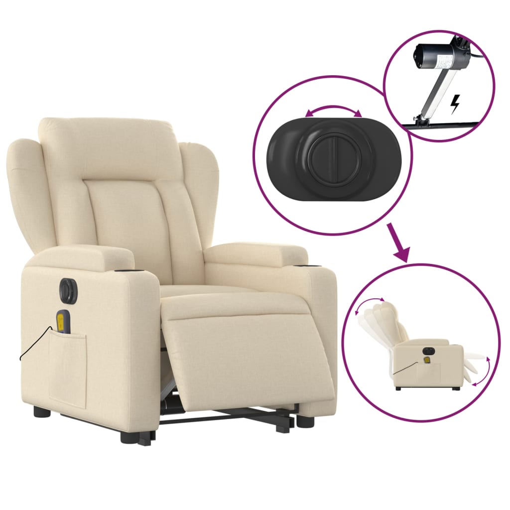 vidaXL Sillón de masaje eléctrico reclinable elevable tela crema