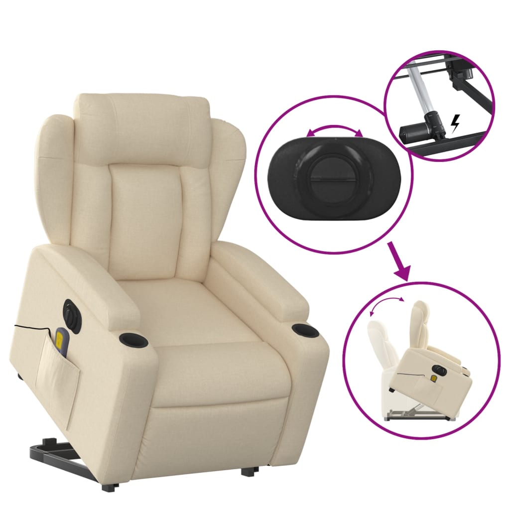 vidaXL Sillón de masaje eléctrico reclinable elevable tela crema