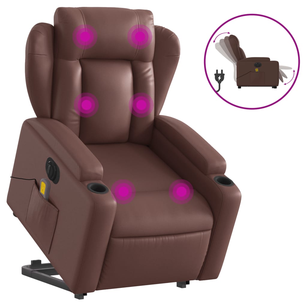 vidaXL Sillón de masaje elevable eléctrico cuero sintético marrón