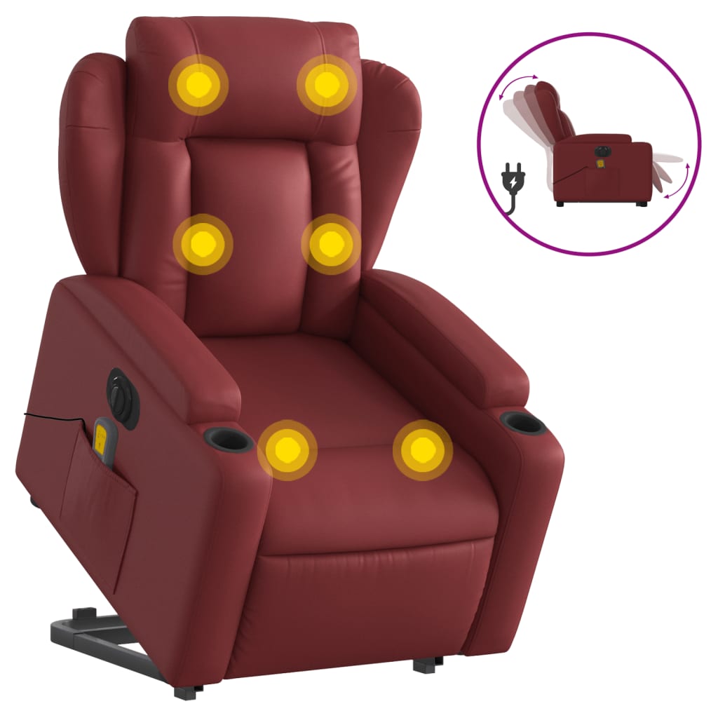 vidaXL Sillón de masaje elevable eléctrico cuero artificial rojo tinto