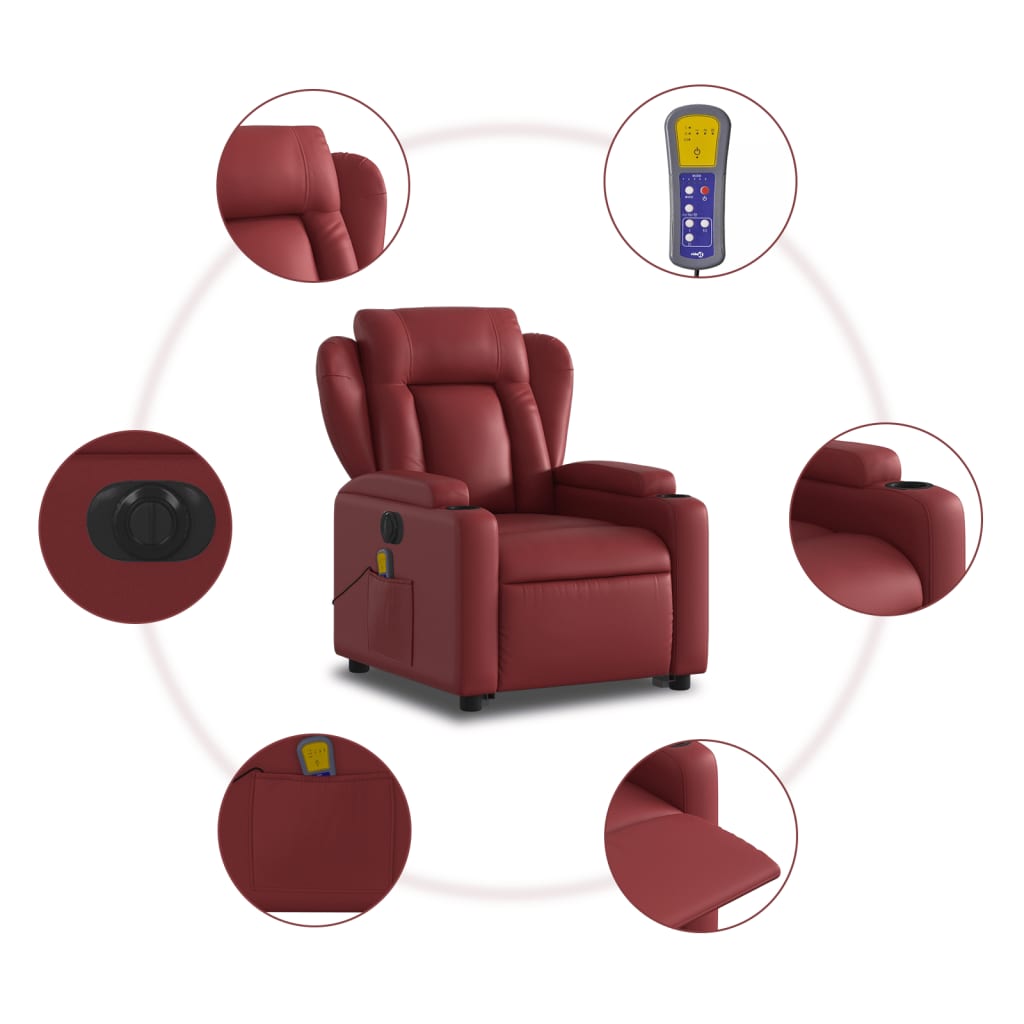 vidaXL Sillón de masaje elevable eléctrico cuero artificial rojo tinto