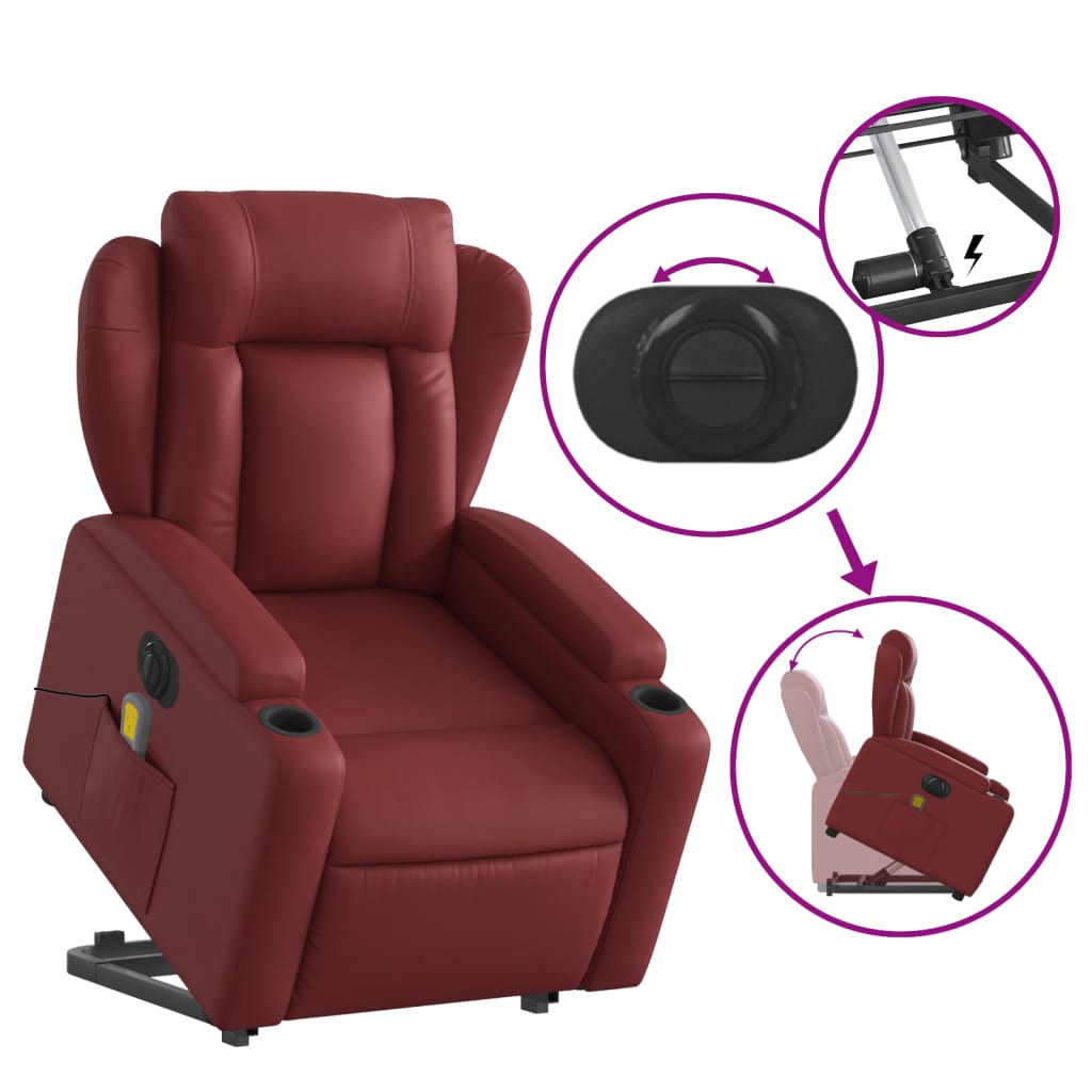 vidaXL Sillón de masaje elevable eléctrico cuero artificial rojo tinto