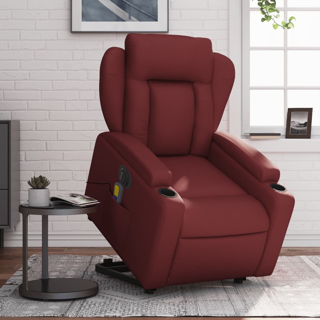 vidaXL Sillón de masaje elevable eléctrico cuero artificial rojo tinto