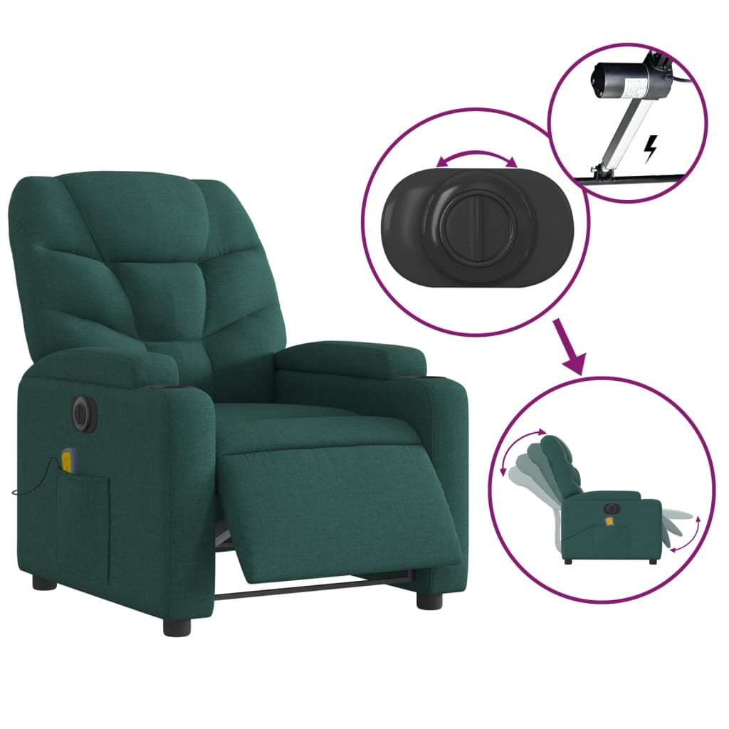 vidaXL Sillón reclinable de masaje eléctrico tela verde oscuro