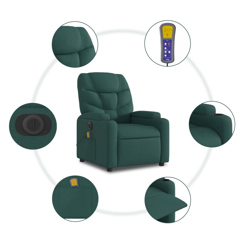 vidaXL Sillón reclinable de masaje eléctrico tela verde oscuro