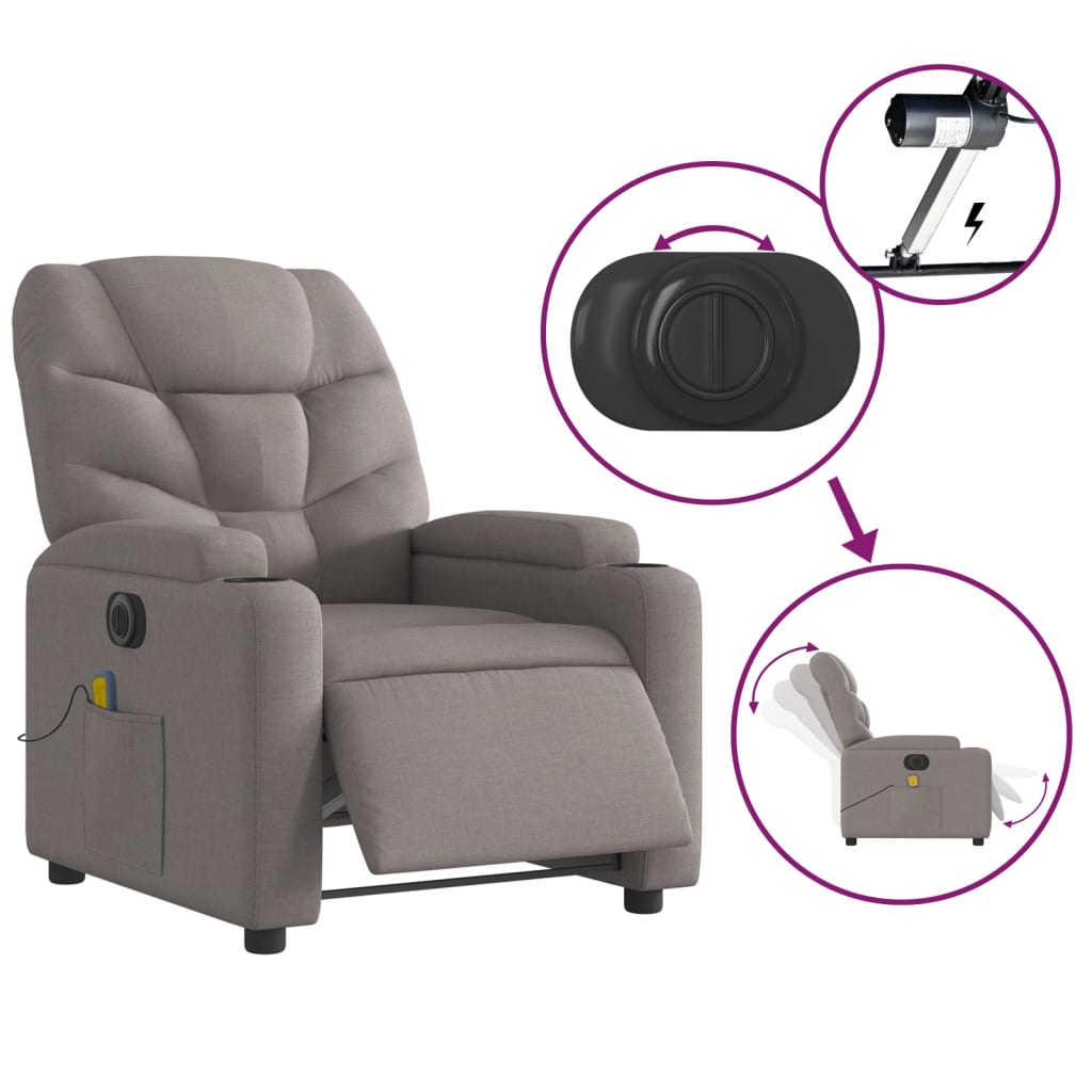 vidaXL Sillón reclinable de masaje eléctrico tela gris taupe