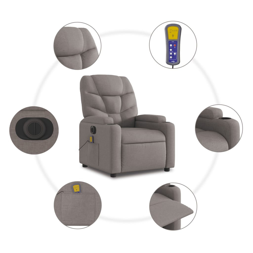 vidaXL Sillón reclinable de masaje eléctrico tela gris taupe