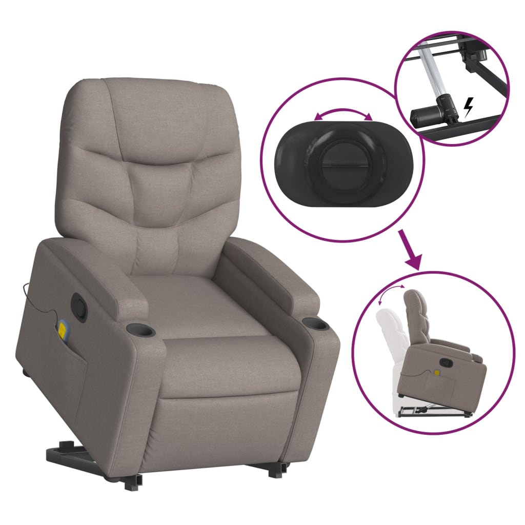 vidaXL Sillón reclinable de masaje elevable tela gris taupé