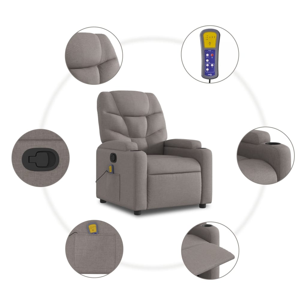 vidaXL Sillón reclinable de masaje elevable tela gris taupé