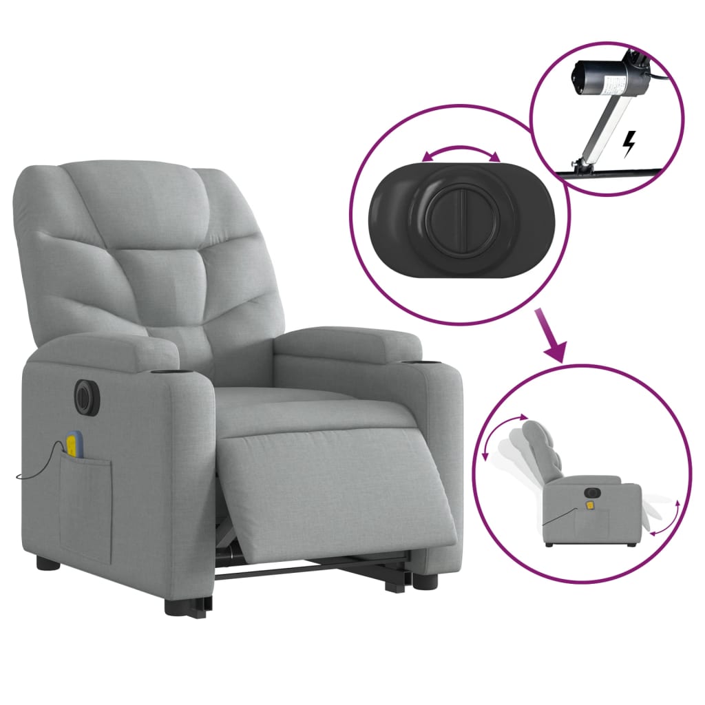 vidaXL Sillón de masaje eléctrico reclinable elevable tela gris claro