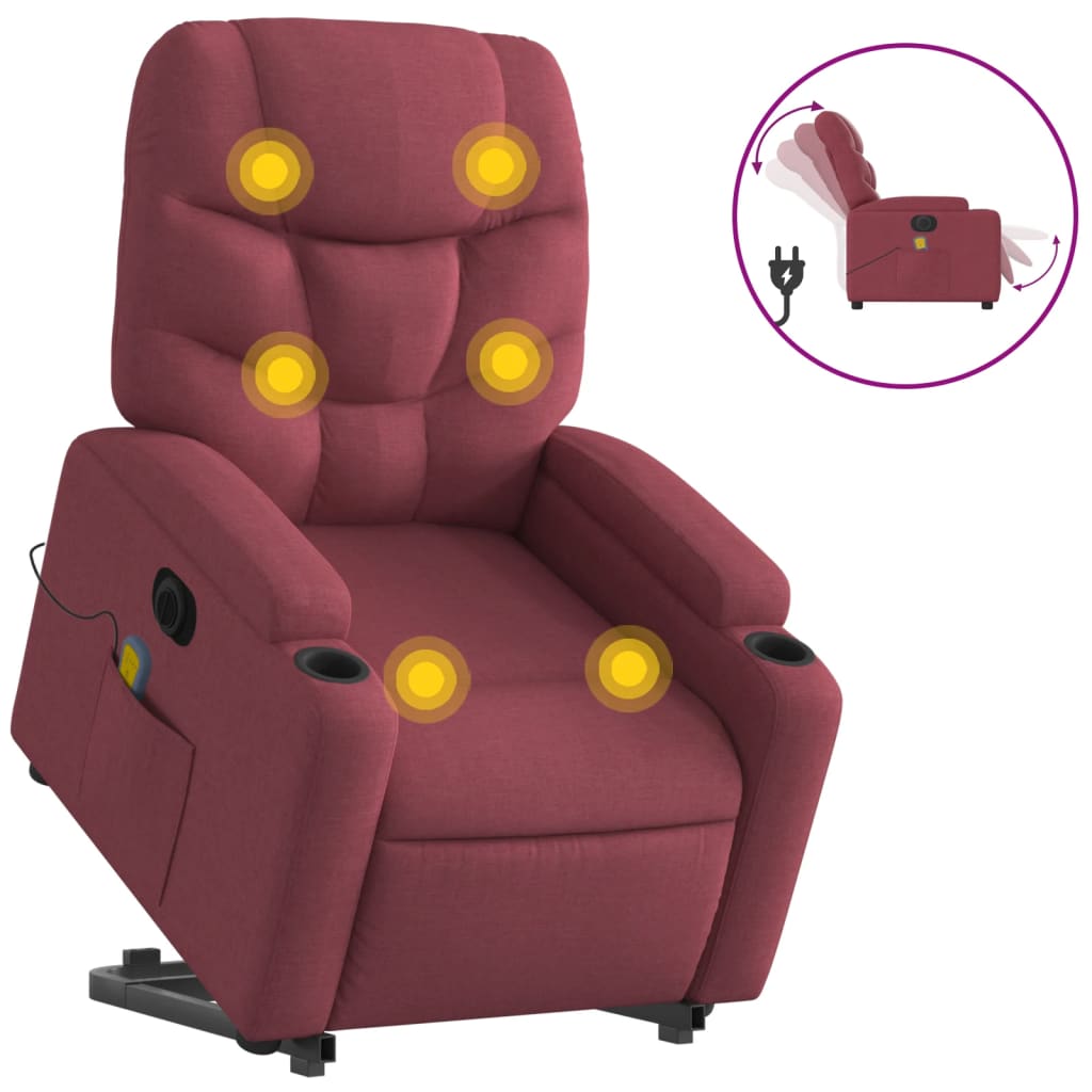 vidaXL Sillón de masaje elevable eléctrico tela rojo tinto