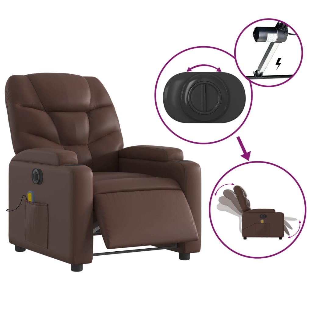 vidaXL Sillón de masaje reclinable eléctrico cuero sintético marrón