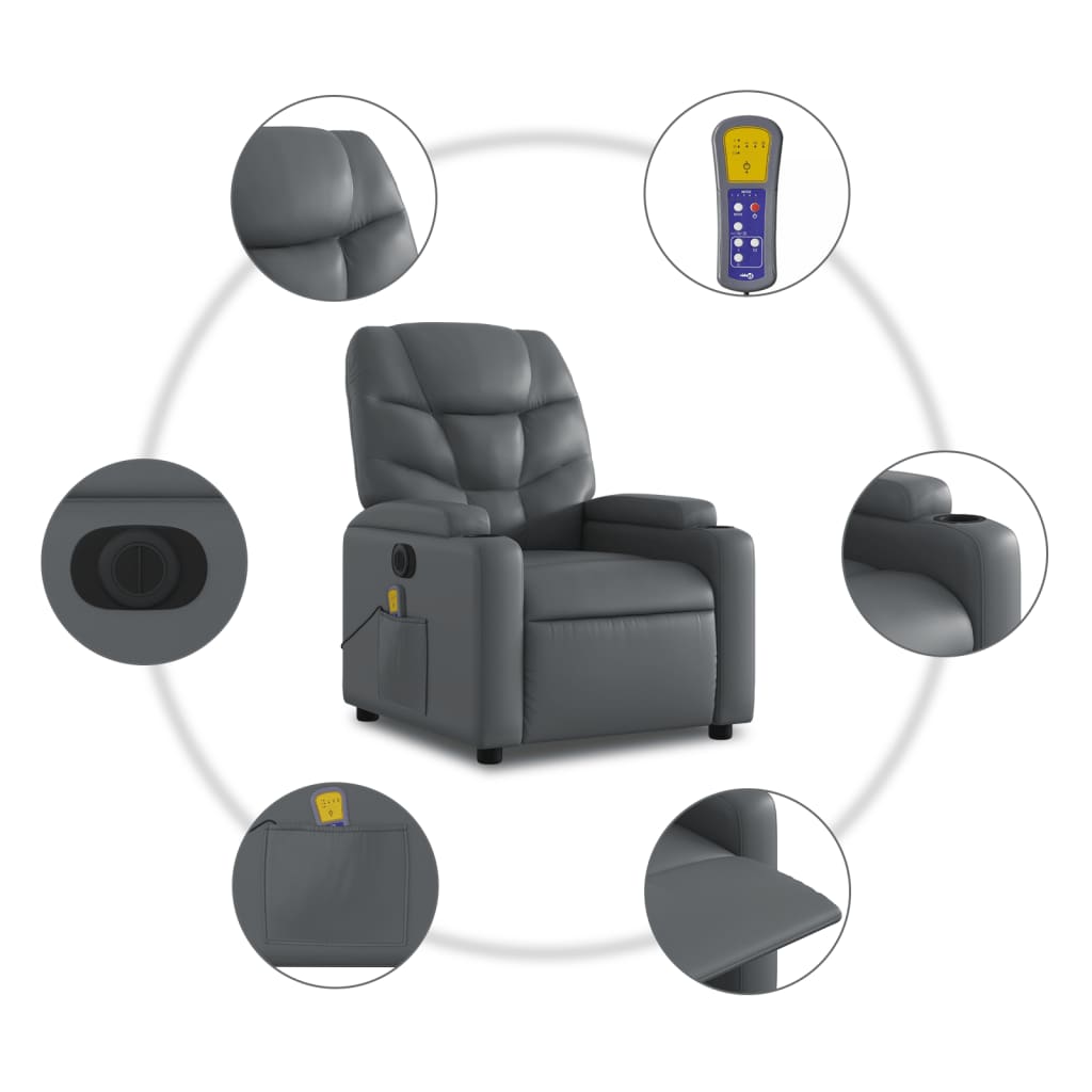 vidaXL Sillón de masaje reclinable eléctrico cuero sintético gris