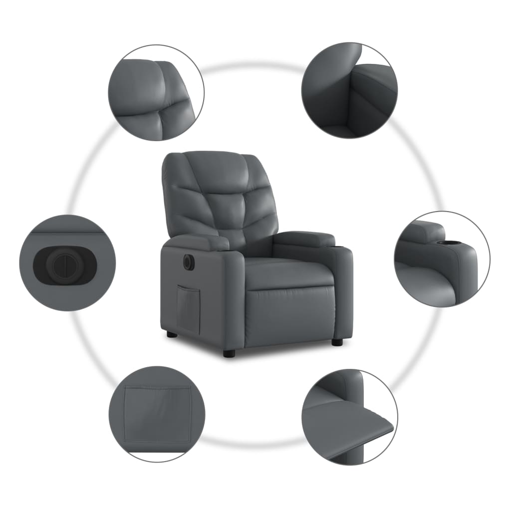 vidaXL Sillón reclinable elevable eléctrico de cuero sintético gris