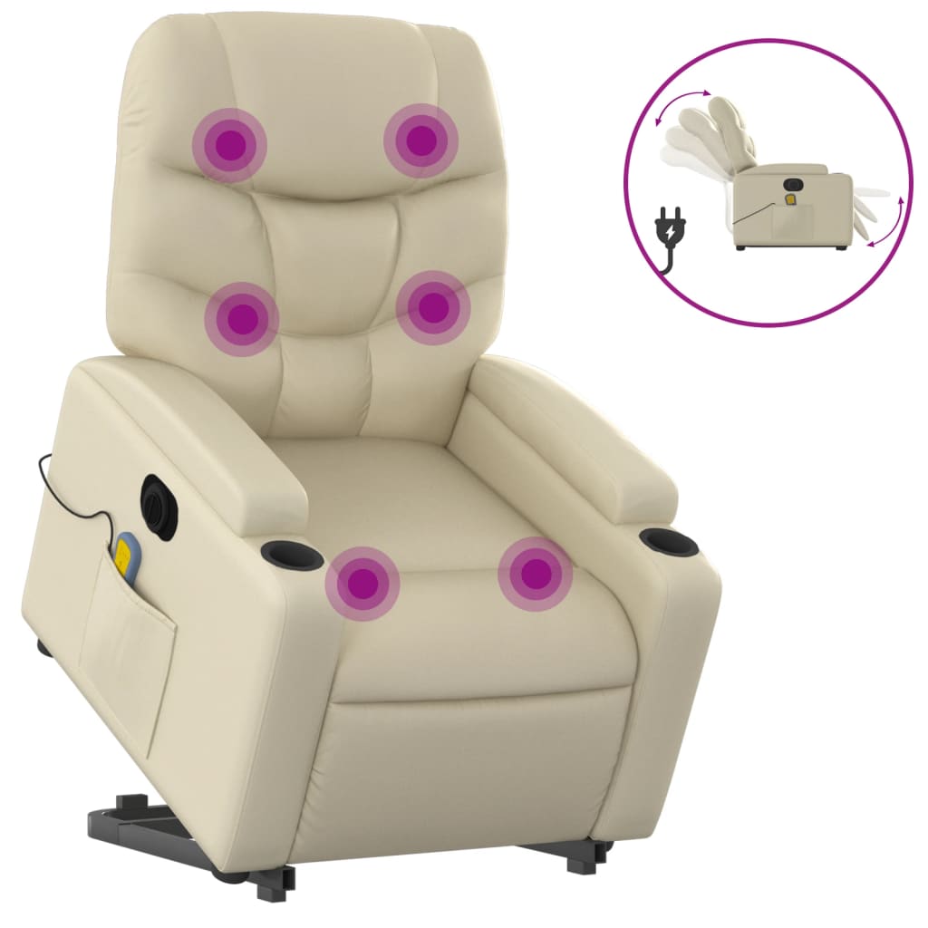 vidaXL Sillón de masaje elevable eléctrico cuero sintético crema