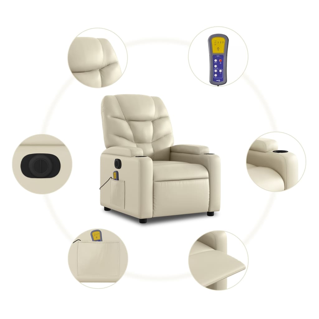 vidaXL Sillón de masaje elevable eléctrico cuero sintético crema