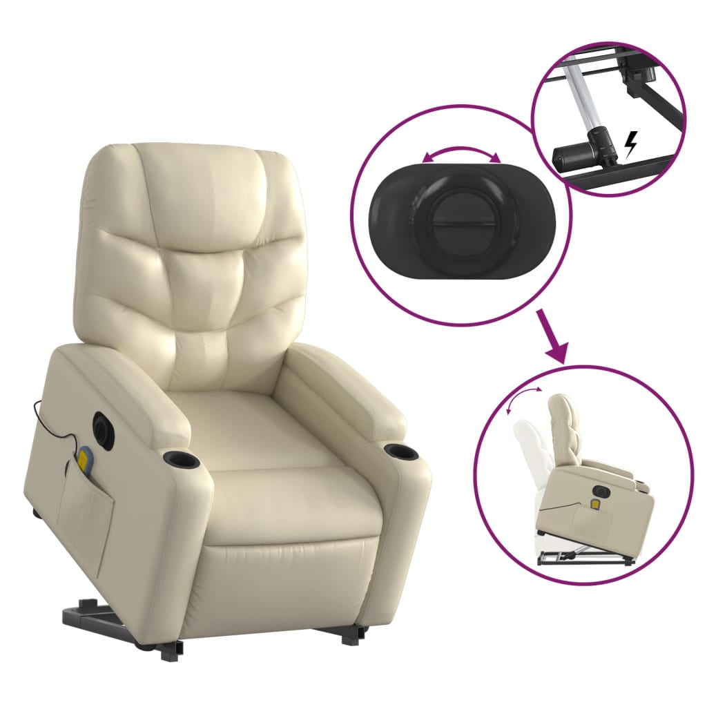 vidaXL Sillón de masaje elevable eléctrico cuero sintético crema