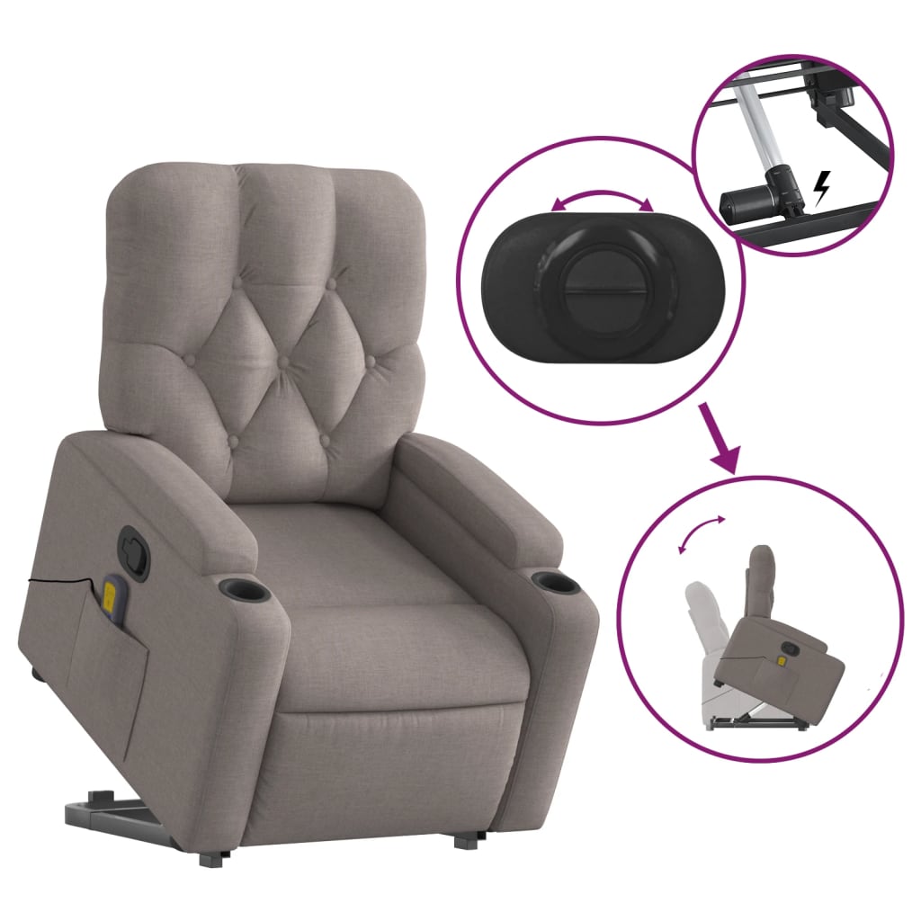 vidaXL Sillón reclinable de masaje elevable tela gris taupé