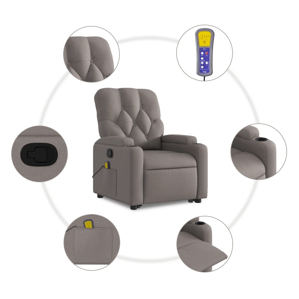 vidaXL Sillón reclinable de masaje elevable tela gris taupé