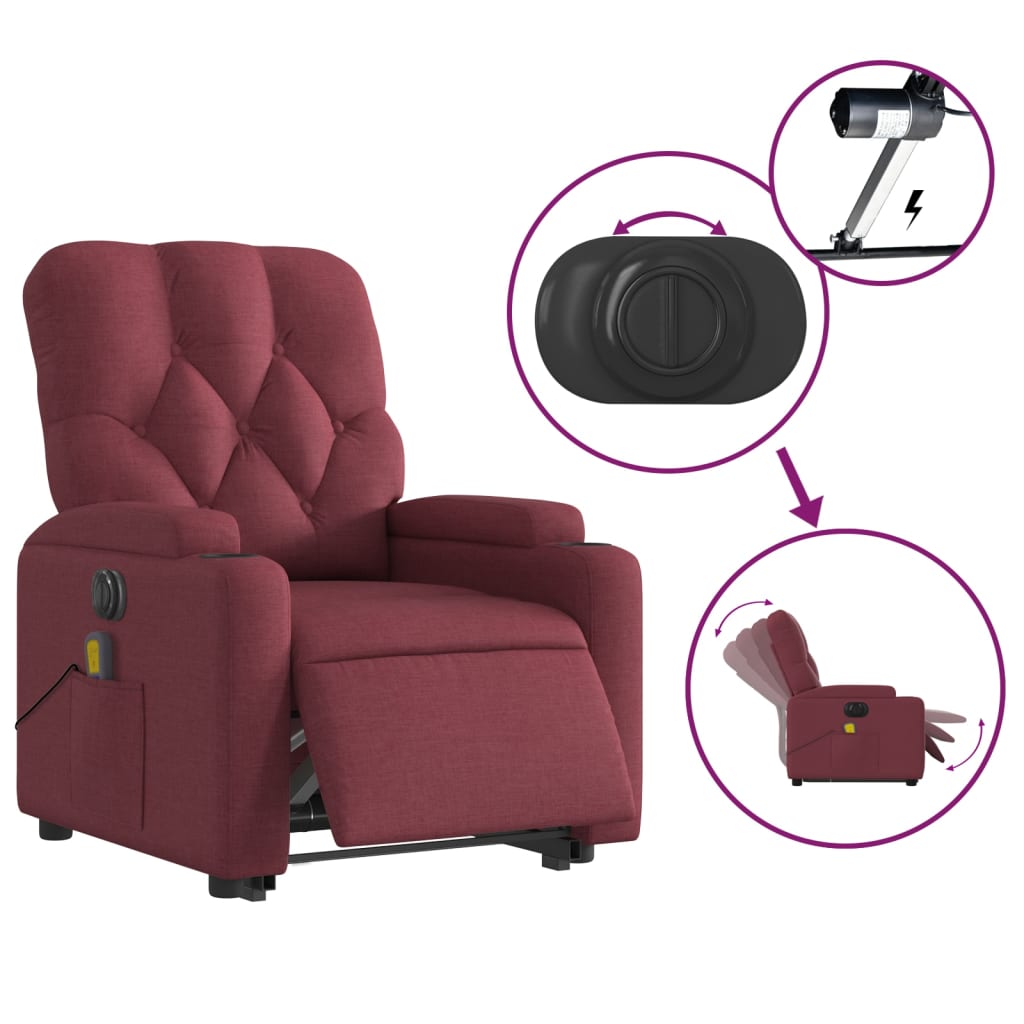 vidaXL Sillón de masaje elevable eléctrico tela rojo tinto