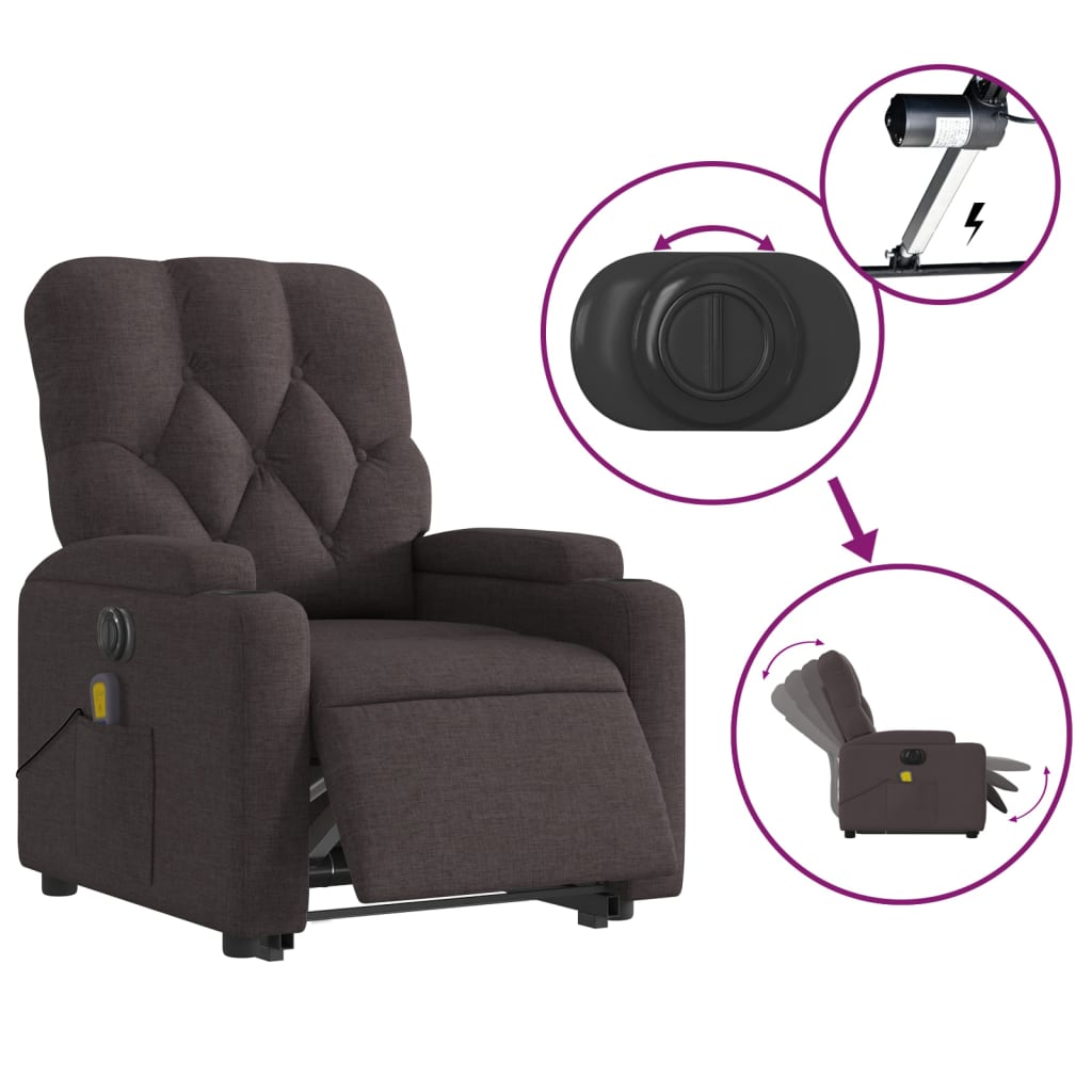 vidaXL Sillón masaje eléctrico reclinable elevable tela marrón oscuro