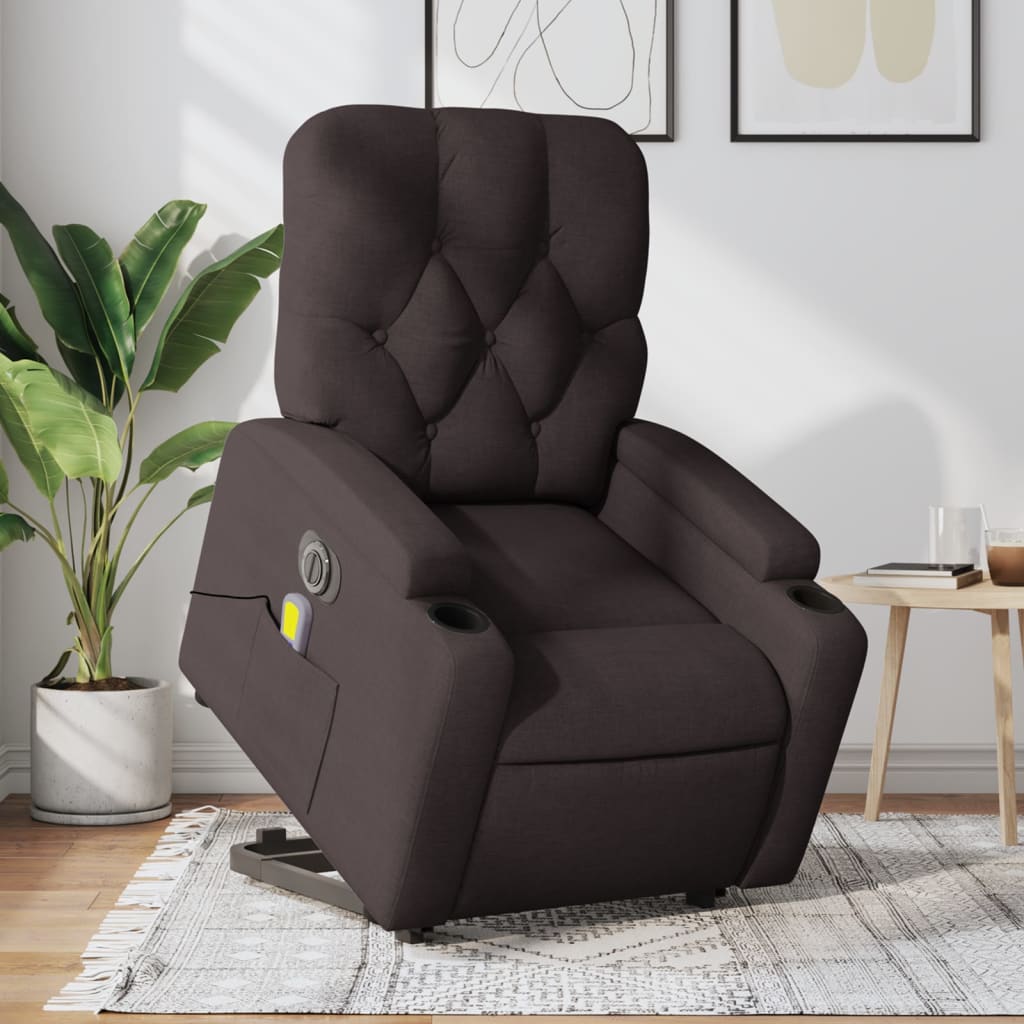 vidaXL Sillón masaje eléctrico reclinable elevable tela marrón oscuro