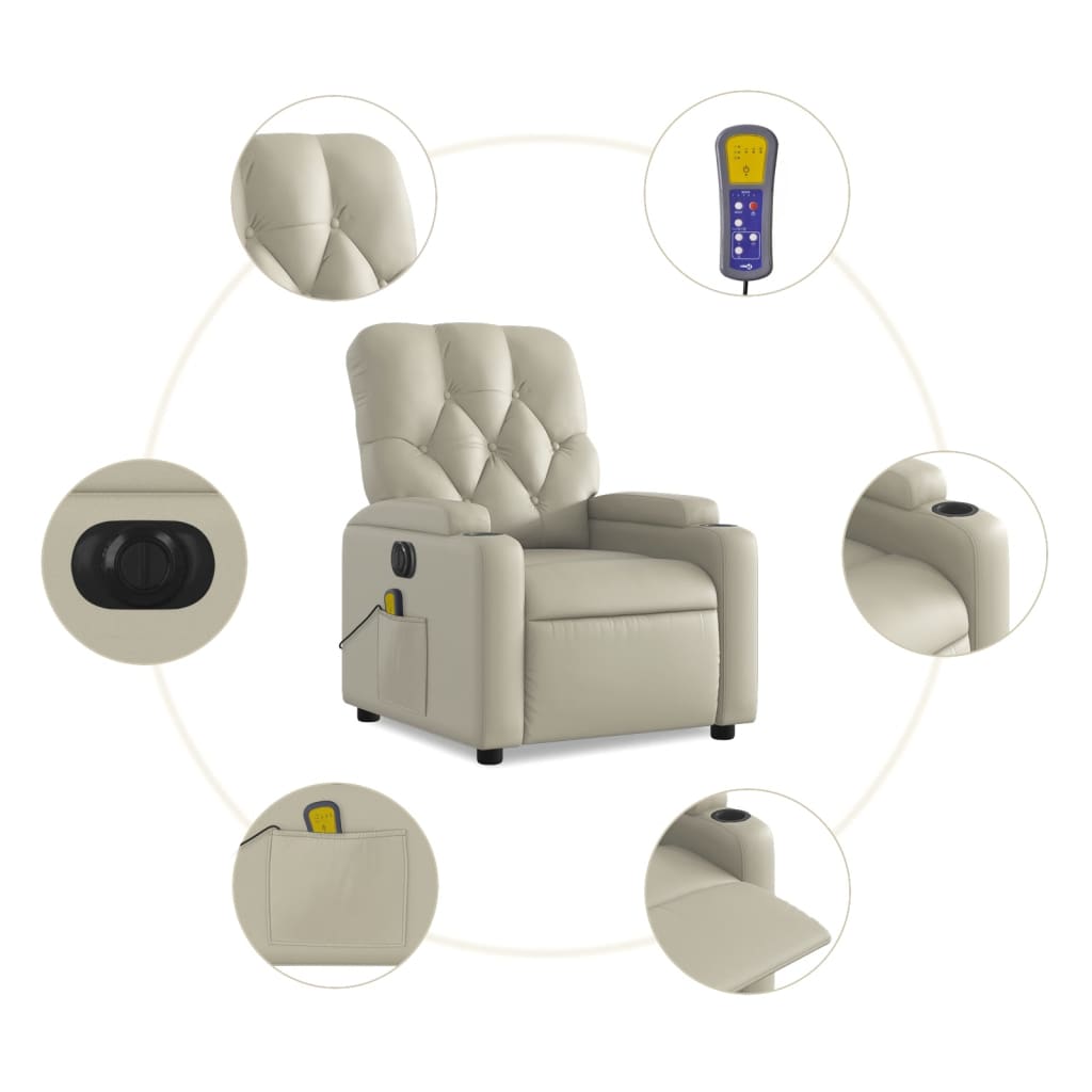 vidaXL Sillón de masaje reclinable eléctrico cuero sintético crema