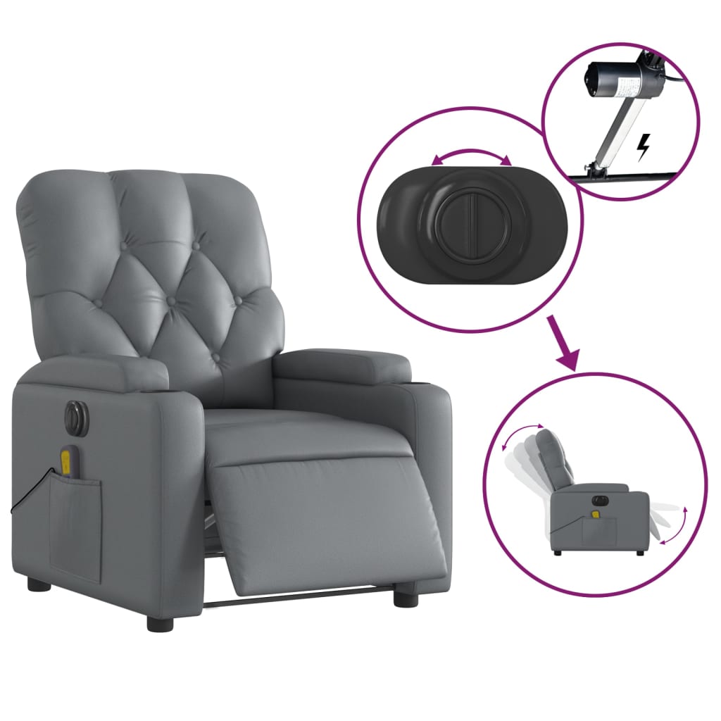 vidaXL Sillón de masaje reclinable eléctrico cuero sintético gris