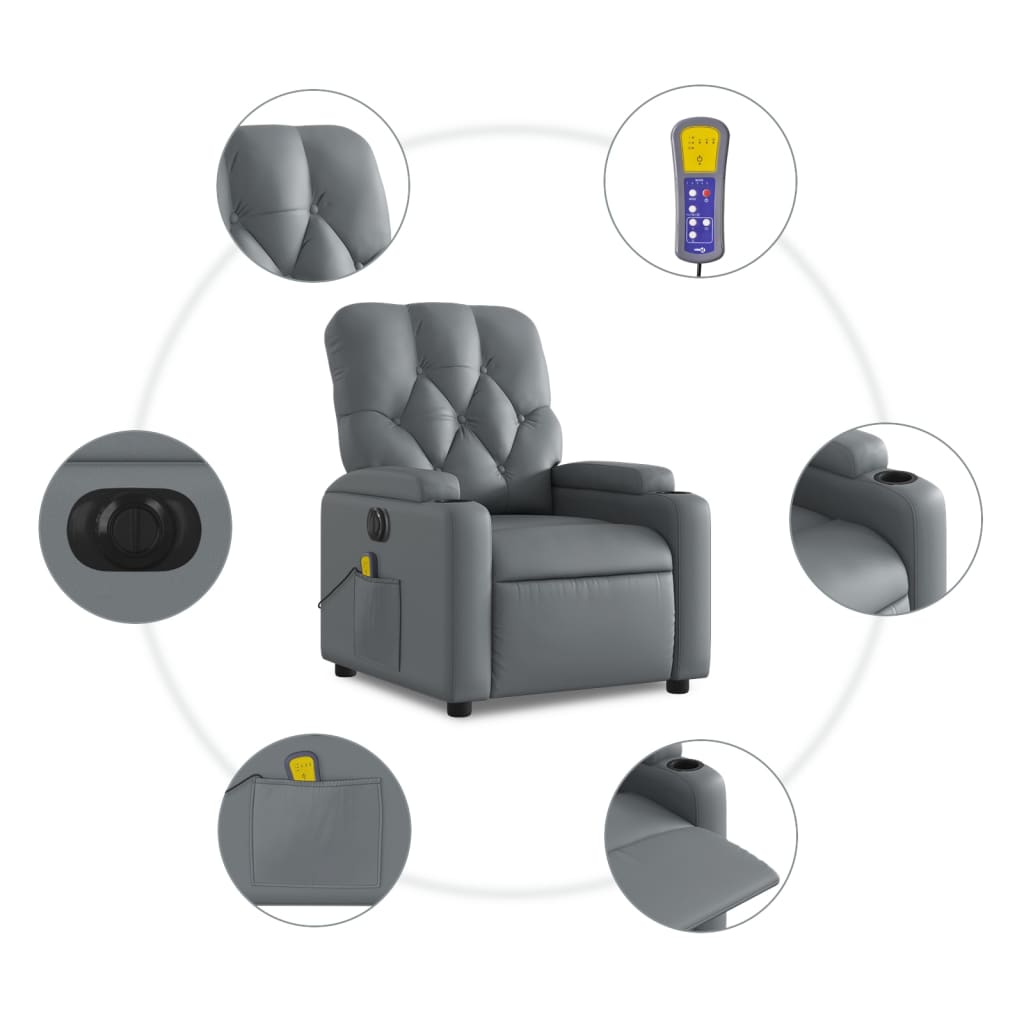 vidaXL Sillón de masaje reclinable eléctrico cuero sintético gris