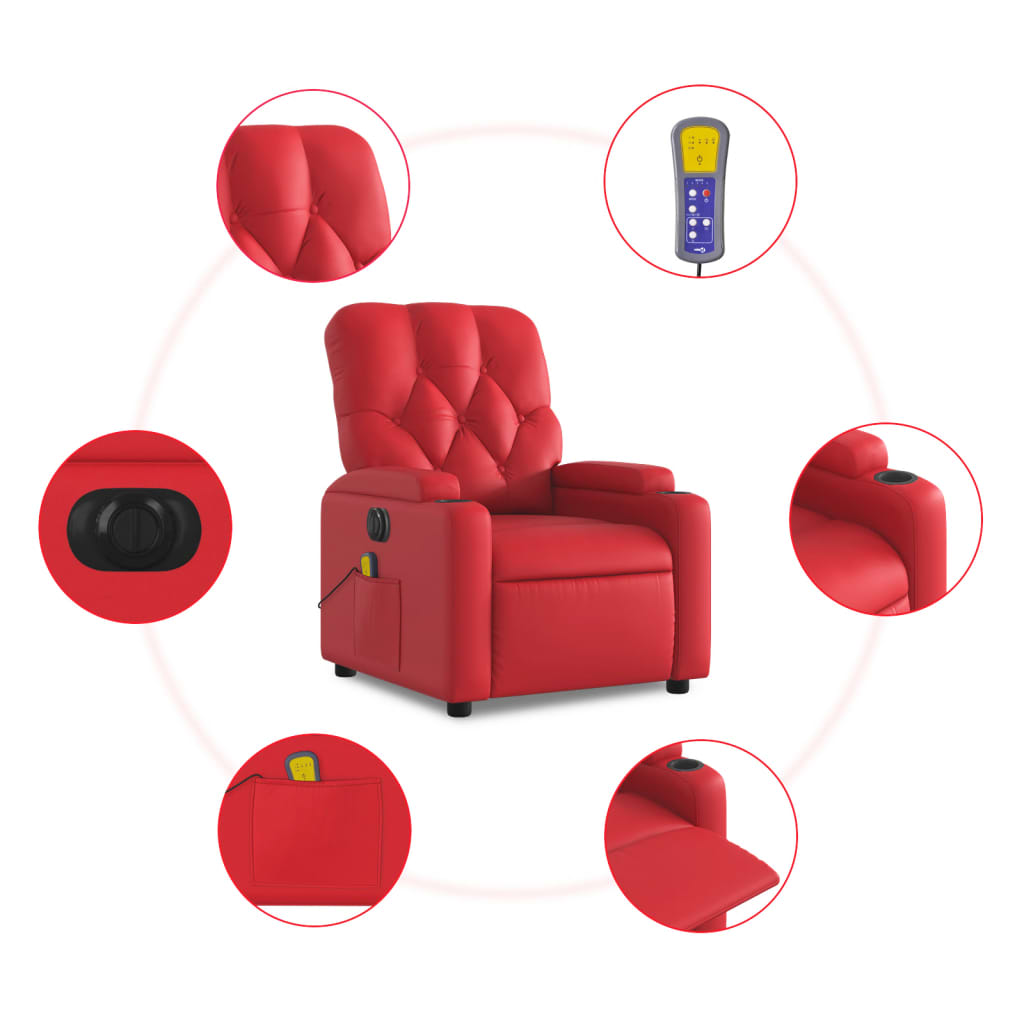 vidaXL Sillón de masaje reclinable eléctrico de cuero artificial rojo