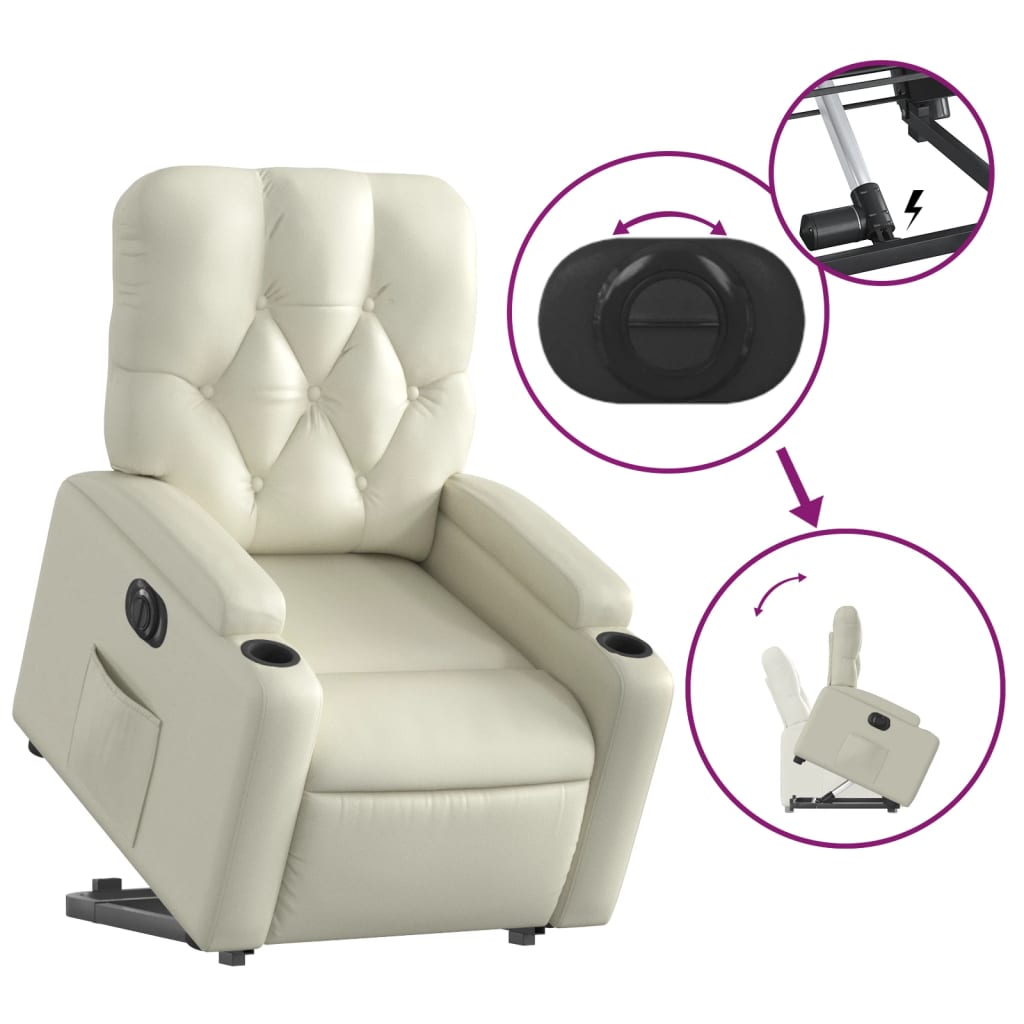 vidaXL Sillón reclinable elevable eléctrico de cuero sintético crema