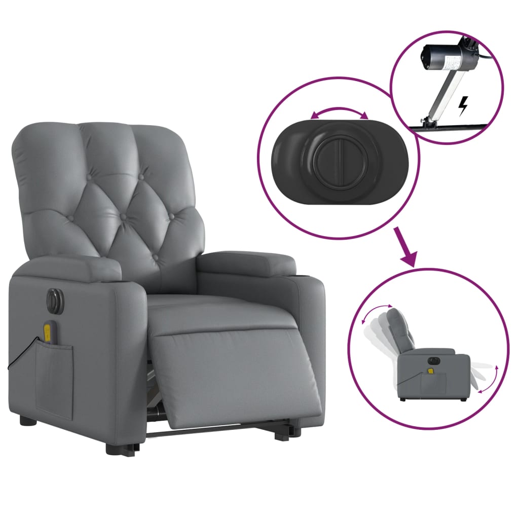 vidaXL Sillón de masaje elevable eléctrico cuero sintético gris