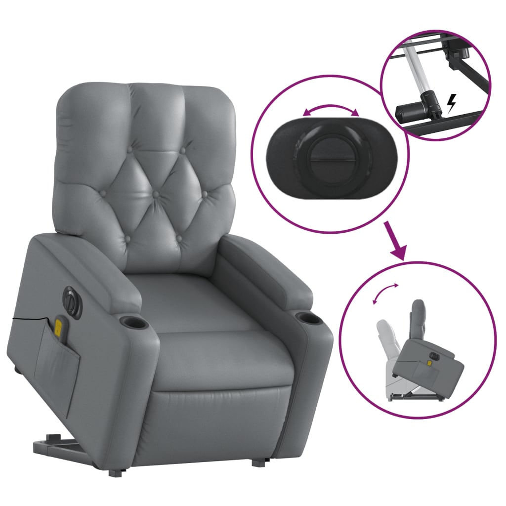 vidaXL Sillón de masaje elevable eléctrico cuero sintético gris