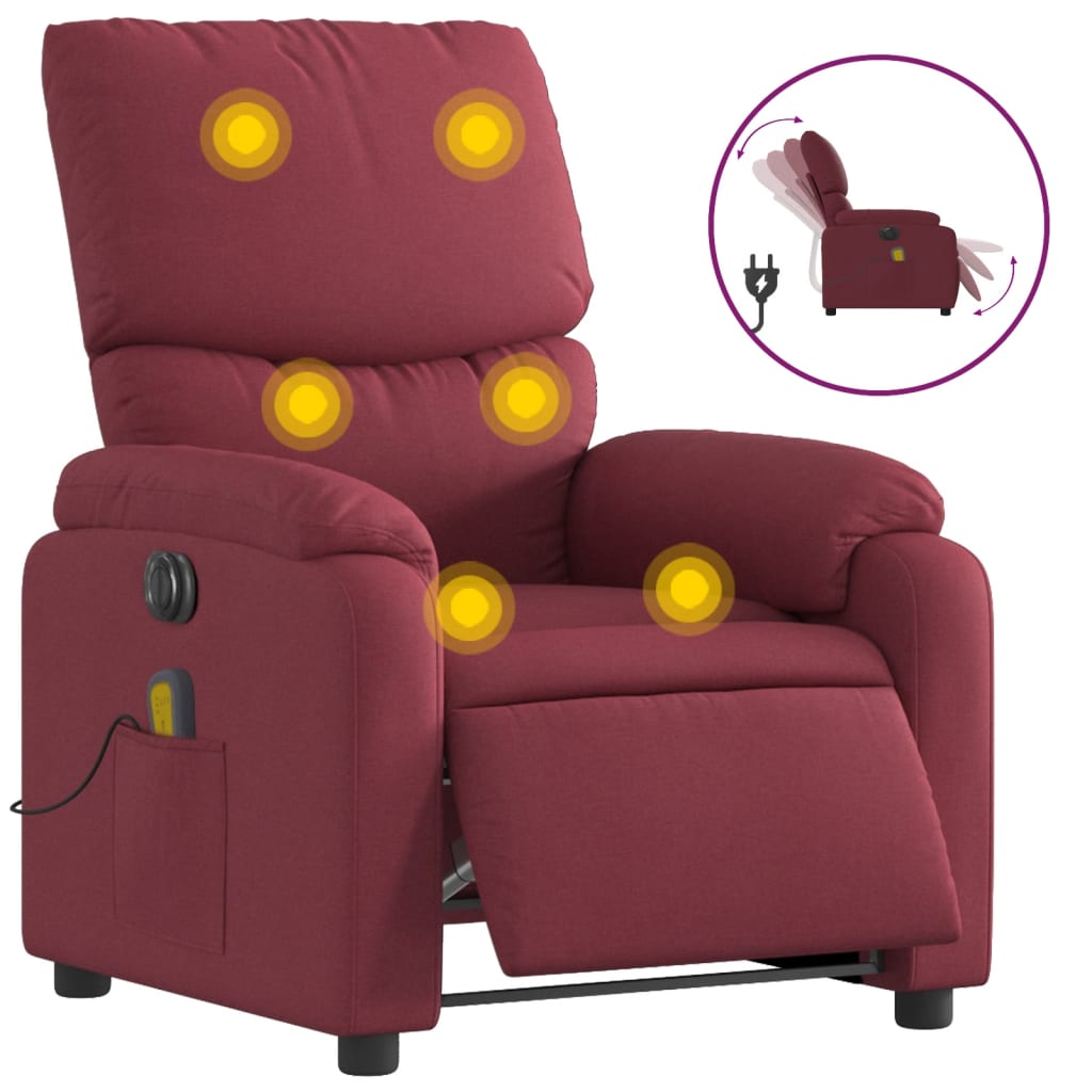 vidaXL Sillón de masaje reclinable eléctrico tela rojo tinto