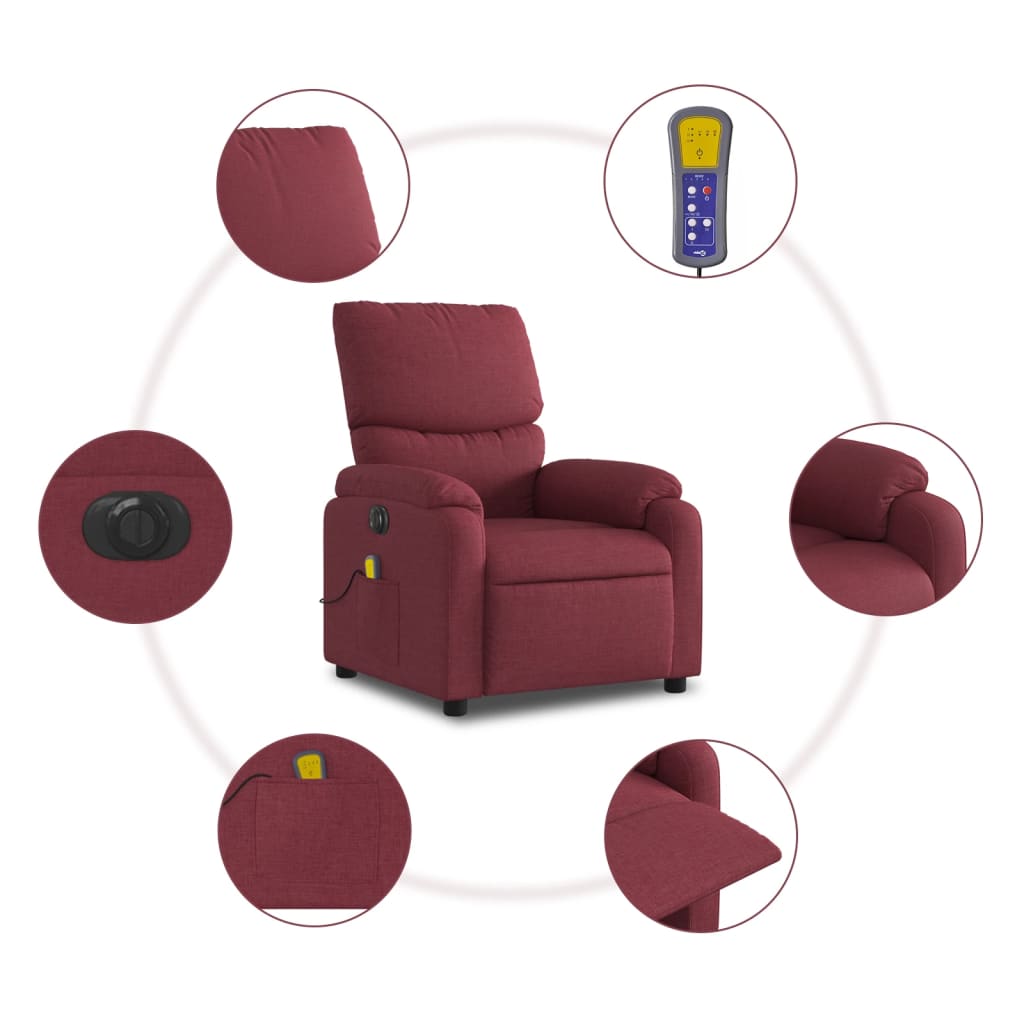 vidaXL Sillón de masaje reclinable eléctrico tela rojo tinto