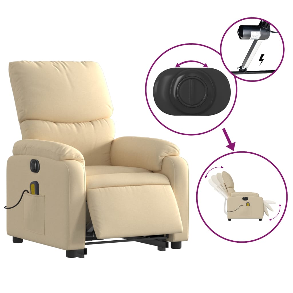 vidaXL Sillón de masaje eléctrico reclinable elevable tela crema