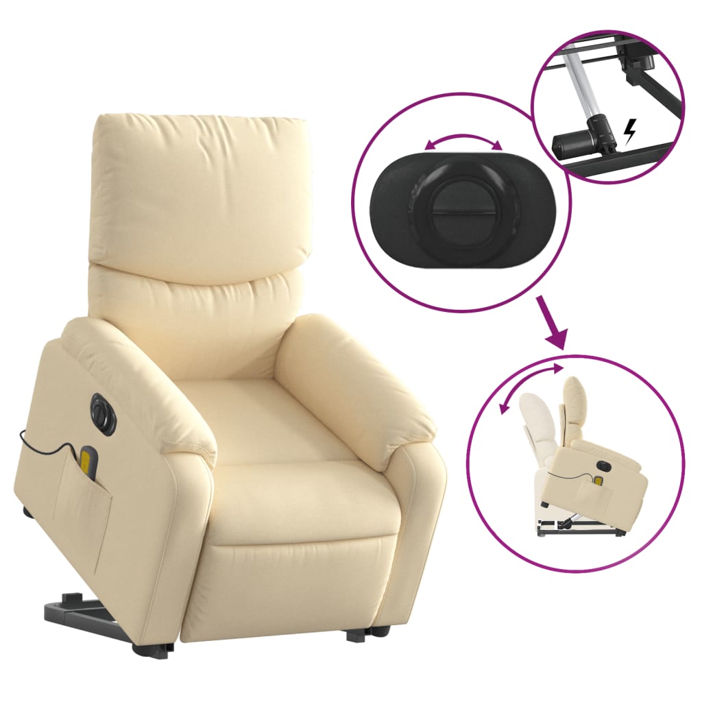 vidaXL Sillón de masaje eléctrico reclinable elevable tela crema