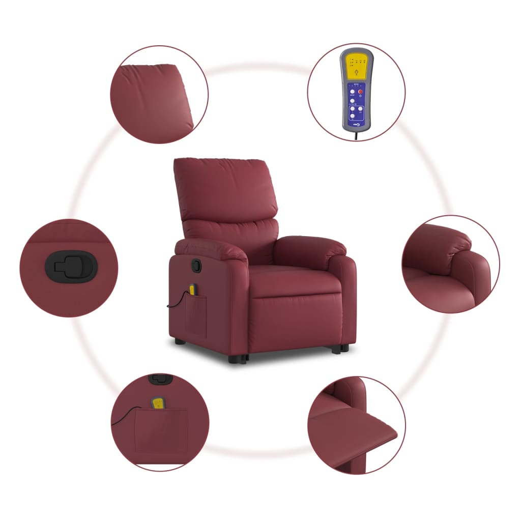 vidaXL Sillón reclinable de masaje de pie cuero artificial rojo tinto